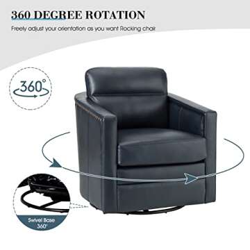 HULALA HOME Modern Barrel Swivel Chair, Genuine Leather Accent Armchair with Removable Cushion, Tub Barrel Club Chair Single Sofa Chair for Living Room, Bedroom, Home Theater, Black Metal Base, Navy