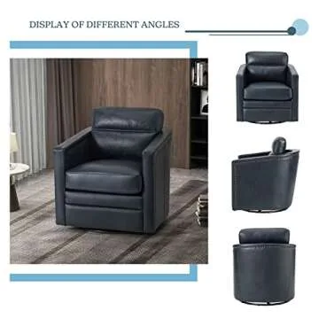 HULALA HOME Modern Barrel Swivel Chair, Genuine Leather Accent Armchair with Removable Cushion, Tub Barrel Club Chair Single Sofa Chair for Living Room, Bedroom, Home Theater, Black Metal Base, Navy