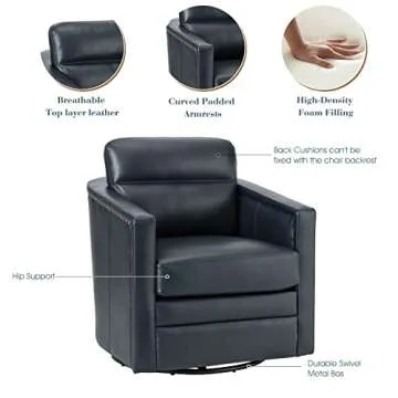 HULALA HOME Modern Barrel Swivel Chair, Genuine Leather Accent Armchair with Removable Cushion, Tub Barrel Club Chair Single Sofa Chair for Living Room, Bedroom, Home Theater, Black Metal Base, Navy