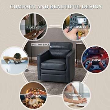 HULALA HOME Modern Barrel Swivel Chair, Genuine Leather Accent Armchair with Removable Cushion, Tub Barrel Club Chair Single Sofa Chair for Living Room, Bedroom, Home Theater, Black Metal Base, Navy