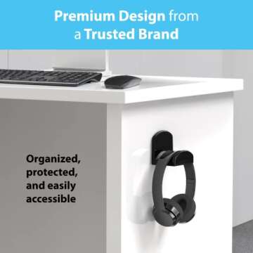 TotalMount Headphone Hanger – Includes Removable Adhesive Strips for Easy, Damage-Free Wall, Desk, or PC Mounting (Premium Black Headphone Hook – One Pack)