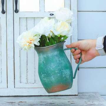 BIG FORTUNE Decorative Pitcher Vase Large Rustic Farmhouse Vase for Flowers Vintage Metal Milk Jug Vintage Decorative Pitcher Kitchen Decorations Green