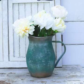 BIG FORTUNE Decorative Pitcher Vase Large Rustic Farmhouse Vase for Flowers Vintage Metal Milk Jug Vintage Decorative Pitcher Kitchen Decorations Green