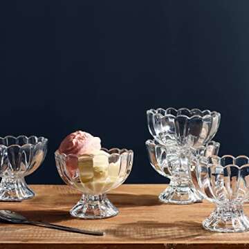 KMwares 6PCs Set 5oz Small Cute Footed Tulip Glass Dessert Bowls/Cups - Perfect for Dessert, Sundae, Ice Cream, Fruit, Salad, Snack, Cocktail, Condiment, Trifle and Christmas Holiday Party (Clear)