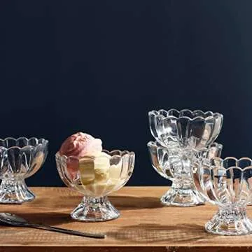 KMwares 6PCs Set 5oz Small Cute Footed Tulip Glass Dessert Bowls/Cups - Perfect for Dessert, Sundae, Ice Cream, Fruit, Salad, Snack, Cocktail, Condiment, Trifle and Christmas Holiday Party (Clear)