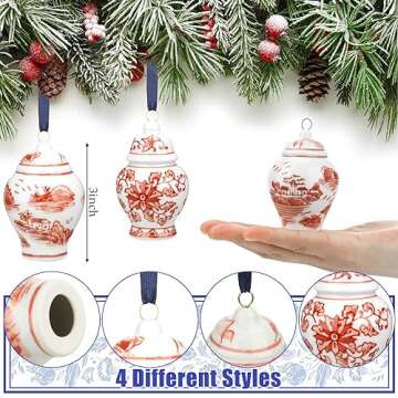 8 Pieces Christmas Chinoiserie Ornaments Mini Ginger Jar Ornaments Porcelain Hanging Ornaments Blue and White Ginger Jars Chinoiserie Decor for Xmas Tree Decorations (Red)