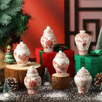 8 Pieces Christmas Chinoiserie Ornaments Mini Ginger Jar Ornaments Porcelain Hanging Ornaments Blue and White Ginger Jars Chinoiserie Decor for Xmas Tree Decorations (Red)