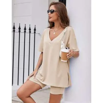 Ekouaer Womens Pajamas 2 Piece Lounge Sets Oversized V Neck T-Shirts Tops Biker Shorts Set Workout Reversible Tracksuit Champagne, Large