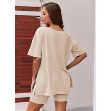 Ekouaer Womens Pajamas 2 Piece Lounge Sets Oversized V Neck T-Shirts Tops Biker Shorts Set Workout Reversible Tracksuit Champagne, Large