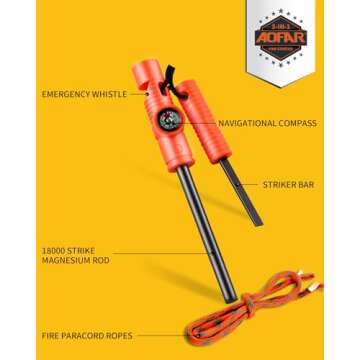 AOFAR Fire Starter AF-381 Fire Steel 5-in-1 for Camping, Hiking, Hunting, Backpacking, Boating, Outd...