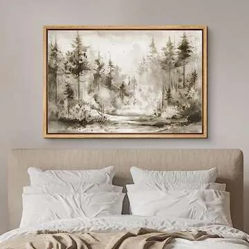 SIGNFORD Framed Canvas Print Wall Art Sepia Pine Tree Country Forest Trees Nature Wilderness Illustrations Digital Art Modern Art Decorative Multicolor Rustic Minimal for Bedroom - 16"x24" Natural