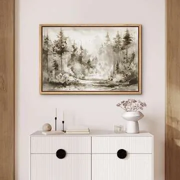 SIGNFORD Framed Canvas Print Wall Art Sepia Pine Tree Country Forest Trees Nature Wilderness Illustrations Digital Art Modern Art Decorative Multicolor Rustic Minimal for Bedroom - 16"x24" Natural