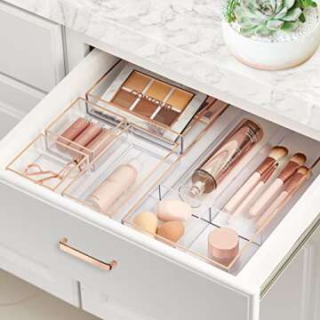 mDesign Plastic Beauty Organizer Bin for Bathroom Drawers, Vanity, or Countertops, Storage for Makeup Brushes, Palettes, Blush, Concealers, or Hair Ties, Lumiere Collection, 3 Pack, Clear/Rose Gold