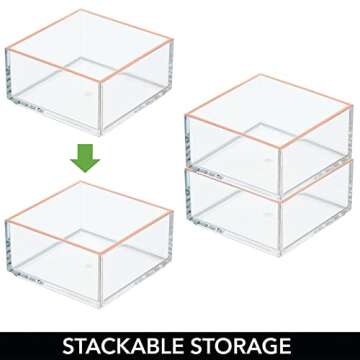 mDesign Plastic Beauty Organizer Bin for Bathroom Drawers, Vanity, or Countertops, Storage for Makeup Brushes, Palettes, Blush, Concealers, or Hair Ties, Lumiere Collection, 3 Pack, Clear/Rose Gold