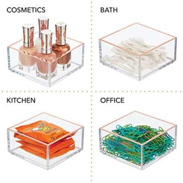 mDesign Plastic Beauty Organizer Bin for Bathroom Drawers, Vanity, or Countertops, Storage for Makeup Brushes, Palettes, Blush, Concealers, or Hair Ties, Lumiere Collection, 3 Pack, Clear/Rose Gold