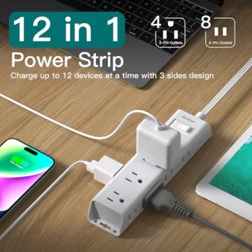 Addtam Flat Plug Power Strip with 12 Outlets - 1Ft