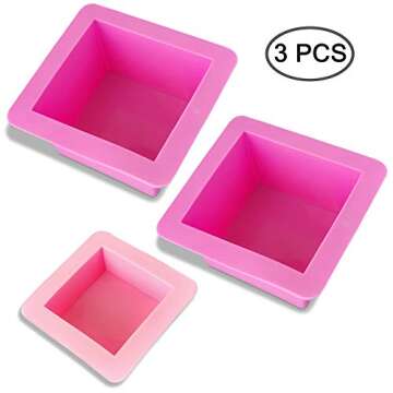 AIFUDA 3 Pcs Non-Stick Square Baking Silicone Molds, Quick Release Bread Pan Bakeware Tray for Cheese Cake Tier Cake Handmade Toast Mold Bread Mould Soap Mold - Rose Red, Pink