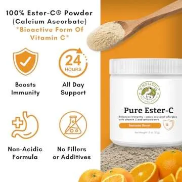 Wholistic Pet Organics Pure Ester-C Powder for Dogs & Cats - 2 Oz - Vitamin C Supplement for Immune Support, Skin & Coat Health, & Allergy Relief - Dog Vitamin Powder for Itchy Skin & Homemade Food