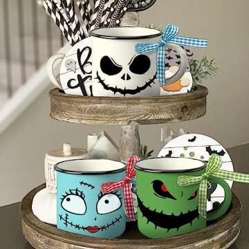 Paayna Halloween Mini Coffee Mug Set of 3, Night. mare BE Fore. Xmas Jack and Sally Spooky Face 5 oz Mini Cups for Tiered Tray Decor, Kitchen Coffee Bar Party Decoration Centerpiece Housewarming Gift