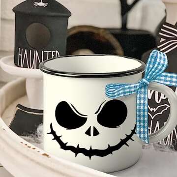 Paayna Halloween Mini Coffee Mug Set of 3, Night. mare BE Fore. Xmas Jack and Sally Spooky Face 5 oz Mini Cups for Tiered Tray Decor, Kitchen Coffee Bar Party Decoration Centerpiece Housewarming Gift