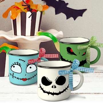 Paayna Halloween Mini Coffee Mug Set of 3, Night. mare BE Fore. Xmas Jack and Sally Spooky Face 5 oz Mini Cups for Tiered Tray Decor, Kitchen Coffee Bar Party Decoration Centerpiece Housewarming Gift