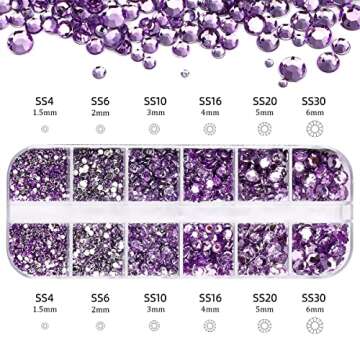 5320 Pieces Flat Back Gems Round Crystal Rhinestones 6 Sizes (1.5-6 mm) with Pick Up Tweezer and Rhinestones Picking Pen for Crafts Nail Face Art Clothes Shoes Bags DIY (Light Purple)