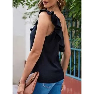 Dokotoo Ladies Tops and Blouses One Shoulder Sexy Blouses for Women 2025 Fashion Date Night Party Cold Shoulder Shirred Neck Ruffle Black Tank Tops X-Large