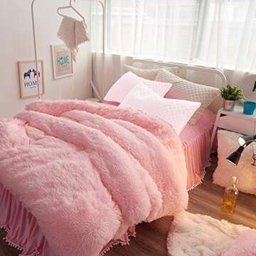 Uozzi Bedding Luxury Plush Shaggy Flannel Duvet Cover 1 Faux Fur Solid Duvet Cover No Inside Filler,Zipper Closure Warm and Soft for Winter (Pink, Twin (68"X86")