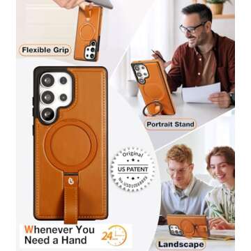 Butaiga for Samsung Galaxy S25 Ultra Case with Stand, Anti-Slip Shockproof Loop, Compatible with MagSafe, Magnetic Protective Leather Case with Camera Lens and Screen Protector, Brown