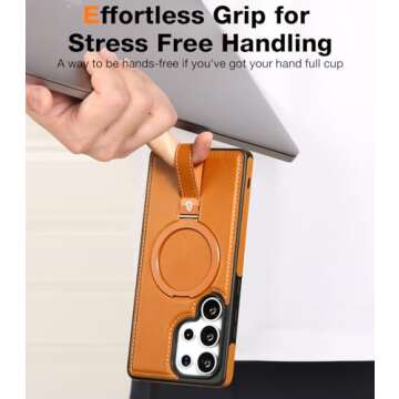 Butaiga for Samsung Galaxy S25 Ultra Case with Stand, Anti-Slip Shockproof Loop, Compatible with MagSafe, Magnetic Protective Leather Case with Camera Lens and Screen Protector, Brown