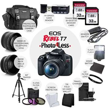 Canon EOS Rebel T7 Digital SLR Camera with EF-S 18-55mm f/3.5-5.6 is STM Lens + 64GB Memory Card + Wide Angle and Telephoto Lens + Tripod + Extra Battery + Remote + Slave Flash (Renewed)