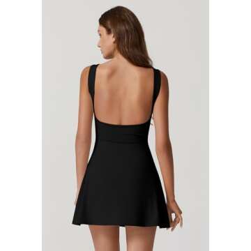 QINSEN Womens Open Back Tennis Dress Sleeveless Built in Shorts Golf Athletic Dress with Pockets Bla...