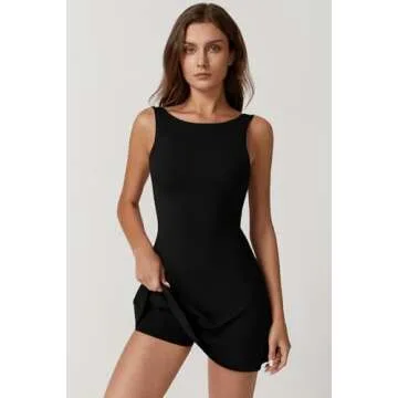 QINSEN Womens Open Back Tennis Dress Sleeveless Built in Shorts Golf Athletic Dress with Pockets Black M