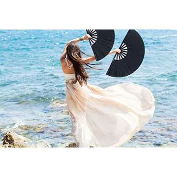 STHUAHE Large Folding Fans Rave Hand Fans Festival Fans for Women Men, Chinese Japanes Hand Held Folding Fan for Music Festival, EDM, Performance, Gifts, Party, Decoration (Black)