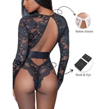 Ladies & Men's story Women Sexy Floral Lace Long Sleeves Bodysuit Backless Teddy Lingerie(Black, L)