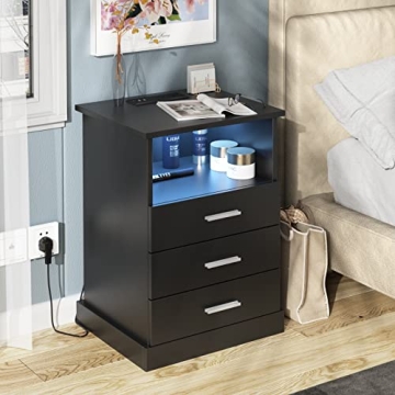 Halitaa Black LED Nightstand with Charging Station & 3 Drawers