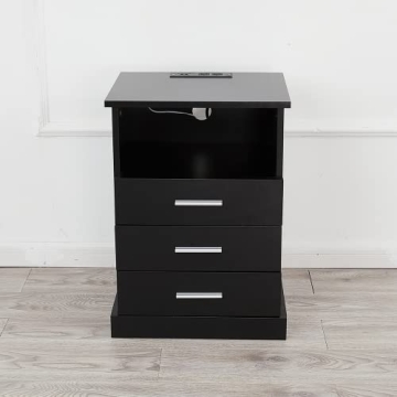 Halitaa Black LED Nightstand Charging Station 3 Drawers