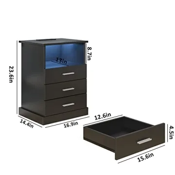 Halitaa Black LED Nightstand Charging Station 3 Drawers