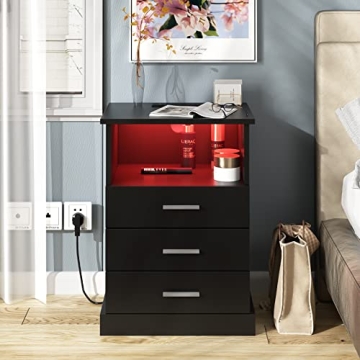 Halitaa Black LED Nightstand Charging Station 3 Drawers