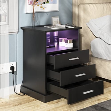 Halitaa Black LED Nightstand Charging Station 3 Drawers