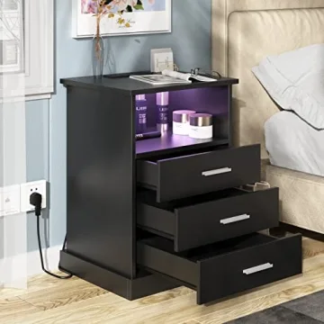 Halitaa Black LED Nightstand Charging Station 3 Drawers