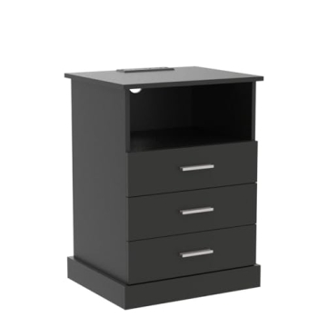 Halitaa Black LED Nightstand Charging Station 3 Drawers