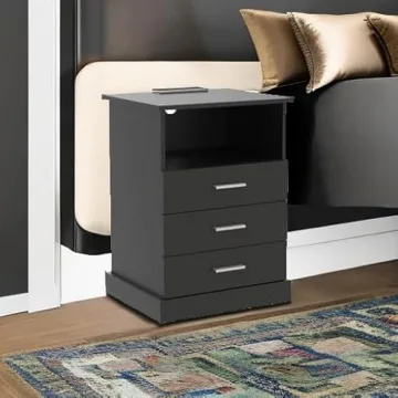 Halitaa Black LED Nightstand Charging Station 3 Drawers