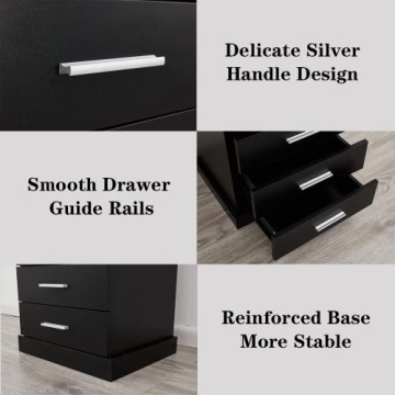 Halitaa Black LED Nightstand Charging Station 3 Drawers