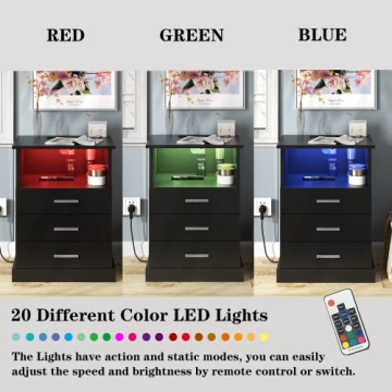 Halitaa Black LED Nightstand Charging Station 3 Drawers