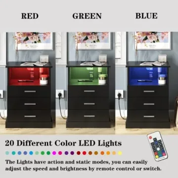 Halitaa Black LED Nightstand Charging Station 3 Drawers