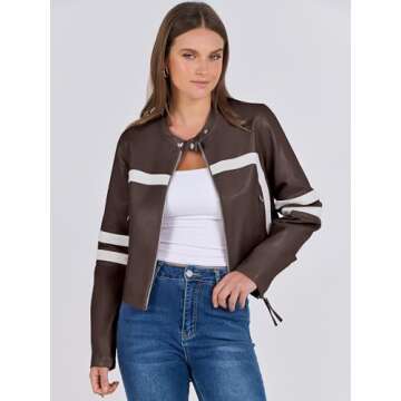 ANRABESS Women’s Faux Leather Jackets Zip Up Stand Collar Cropped Moto Biker PU Outerwear Coat 2024 Fall Fashion Outfits Coffee Small