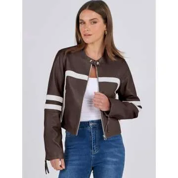 ANRABESS Women’s Faux Leather Jackets Zip Up Stand Collar Cropped Moto Biker PU Outerwear Coat 2024 Fall Fashion Outfits Coffee Small