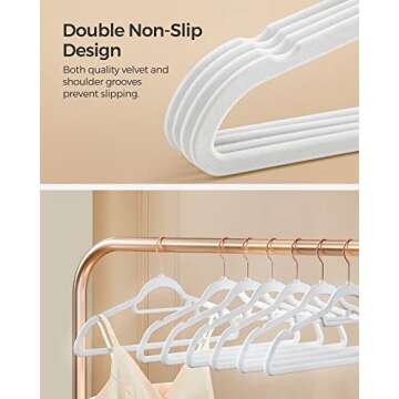SONGMICS Velvet Hangers, Set of 60 Clothes Hanger with Rose Gold Swivel Hook, Non-Slip, and Space-Saving, 0.2-Inch Thick, 17.1-Inch Long for Coat, Shirt, Dress, Pants, Tie, Cloud White UCRF0021W01
