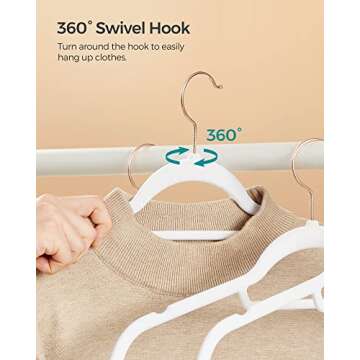 SONGMICS Velvet Hangers, Set of 60 Clothes Hanger with Rose Gold Swivel Hook, Non-Slip, and Space-Saving, 0.2-Inch Thick, 17.1-Inch Long for Coat, Shirt, Dress, Pants, Tie, Cloud White UCRF0021W01
